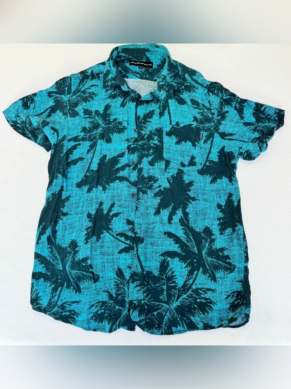 Molokai Surf Co Shirt Mens Large Blue Palm Trees Short Sleeve Button Down